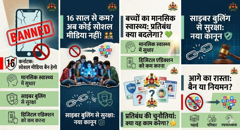 A collection of six graphic cards outlining the key sections of the article on the Karnataka Social Media Ban for kids under 16: covering topics like Mental Health, Digital Rights, Global Laws (Australia, China), Implementation Challenges (Age Verification, VPN), Alternatives (Play, Study), and Legal Issues (Supreme Court).